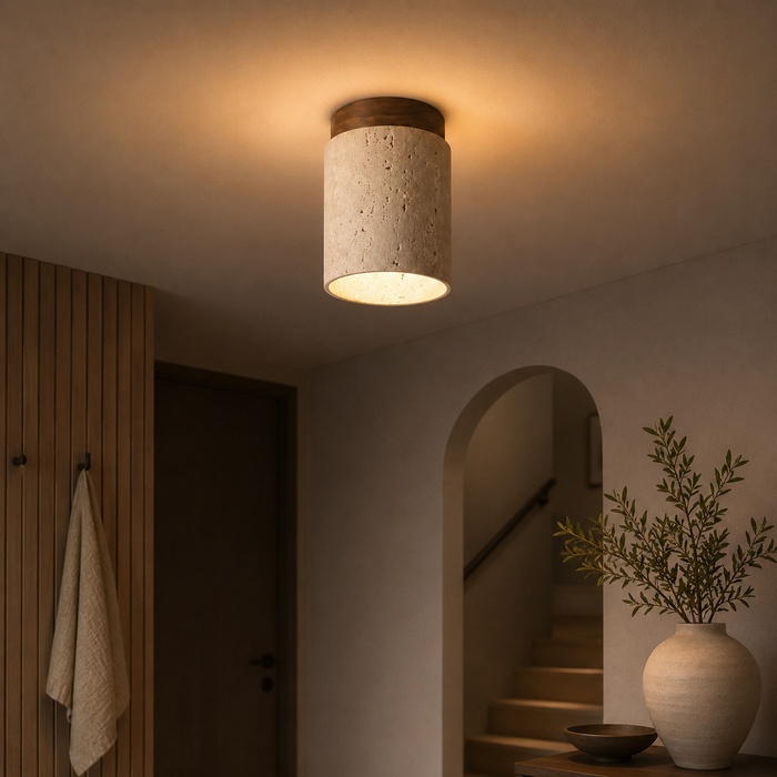 Plafonnier Cylindrique Pierre Naturelle et Bois Halvo