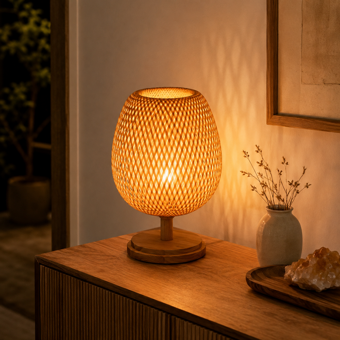 Lampe à Poser Artisanale Bois et Rotin Tressé Calvo