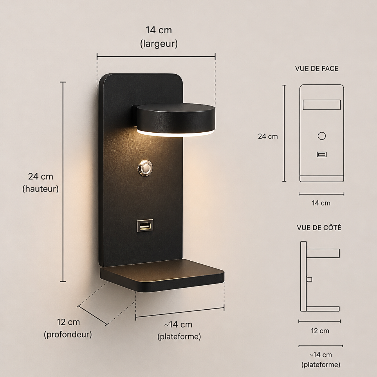 Applique Murale LED Design avec Port USB et Support Téléphone